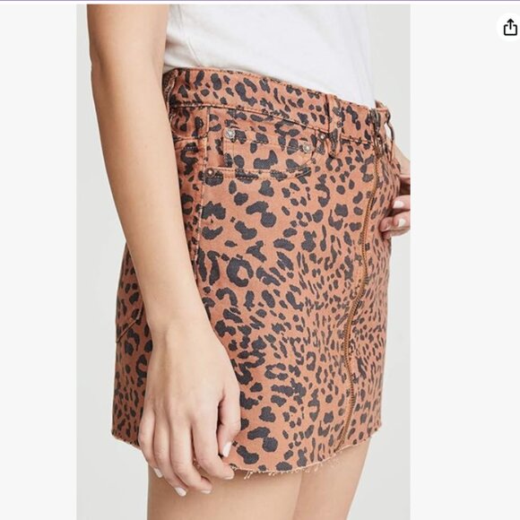 We The Free Tan Brown Denim Mini Skirt Night Out Frayed Hem Zip Leopard - Picture 14 of 14